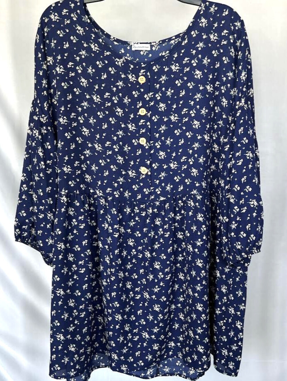 Navy Blue Floral Blouse-Size 3XL, White Flower Design, 3/4 Sleeve, 4 Buttons
